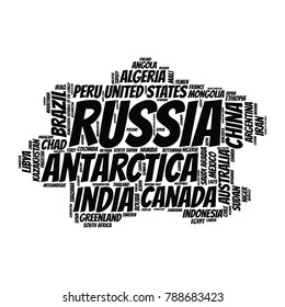 100 biggest countries word cloud. Collage of largest territories in the world. Travel concept vector illustration. Geography infographics