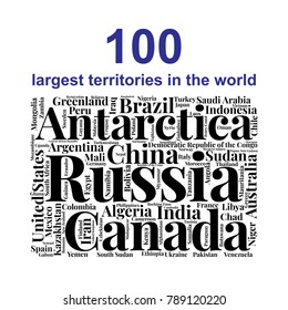 100 biggest countries word cloud. Collage of largest territories in the world. Travel concept vector illustration. Geography infographics
