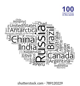 100 biggest countries word cloud. Collage of largest territories in the world. Travel concept vector illustration. Geography infographics