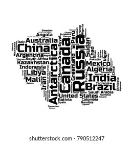 100 biggest countries word cloud. Collage of largest territories in the world. Travel concept vector illustration. Geography infographics