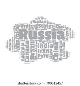 100 biggest countries word cloud. Collage of largest territories in the world. Travel concept vector illustration. Geography infographics