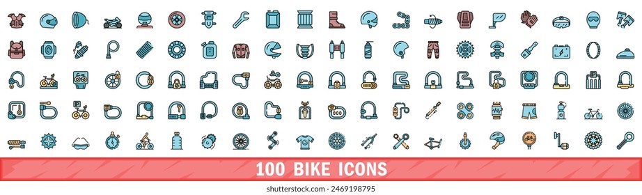 Conjunto de 100 iconos de bicicleta. Conjunto de línea de color de iconos de vector de bicicleta línea fina de color plana en blanco