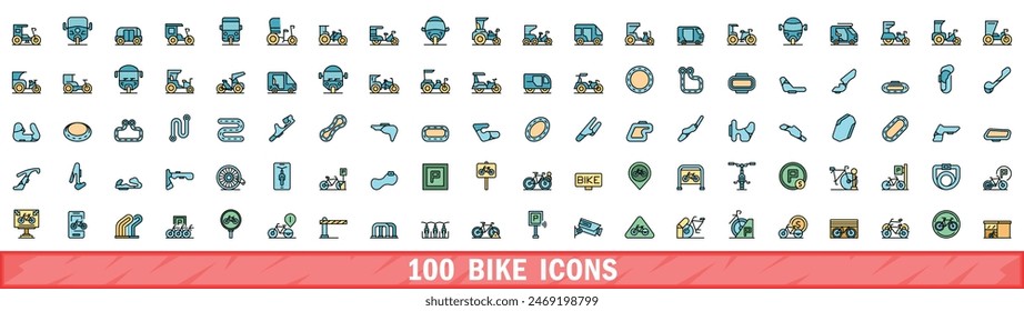 100 bike icons set. Color line set of bike vector icons thin line color flat on white