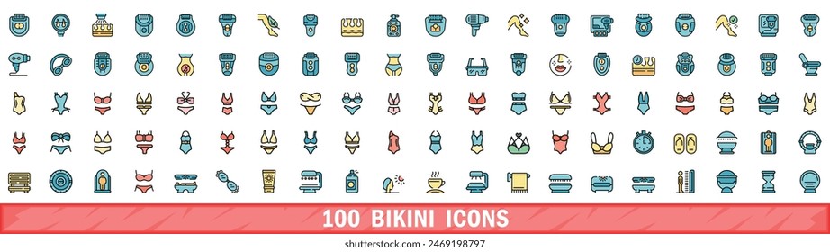 100 bikini icons set. Color line set of bikini vector icons thin line color flat on white