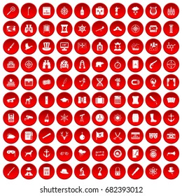100 binoculars icons set in red circle isolated on white vector illustration