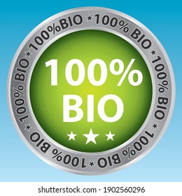 100% Bio. Icono vectorial verde y cromado en un fondo cielo azul.