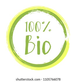 100% Bio label vector, painted round emblem icon for products packaging. Bio sign with text 100 percent, tag circle stamp isolated, logo shape label graphic design. Green yellow insignia text.