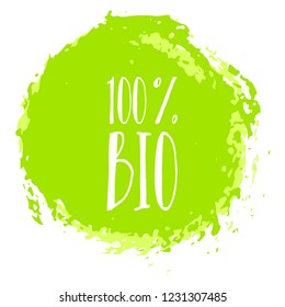 100% bio label vector, painted round emblem icon for products packaging. Bio sign with text 100 percent, tag circle stamp, logo shape label graphic design.