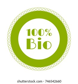 100% bio label vector, round emblem icon for products packaging. Bio sign with text 100 percent, tag circle stamp, logo shape label graphic design.