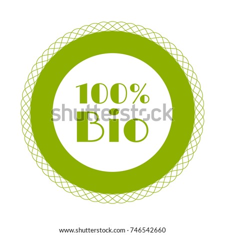 100% bio label vector, round emblem icon for products packaging. Bio sign with text 100 percent, tag circle stamp, logo shape label graphic design.