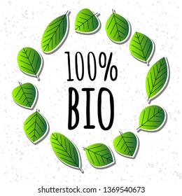 100% bio phrase and vector leaves illustration set. Ecology, environment, botany vector elements