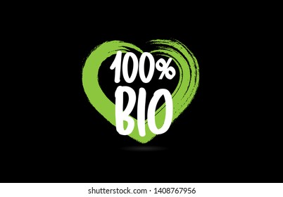 100% bio  text word on black background with green love heart shape suitable for icon, badge or typography logo design