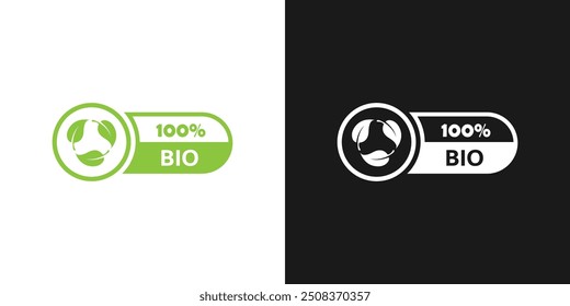 Diseño de logotipo de Vector 100% bio. Icono, letrero, stickler o insignia del producto biológico para la comida. Alimentos orgánicos saludables. Pegatina verde con hojas. Concepto de Naturaleza