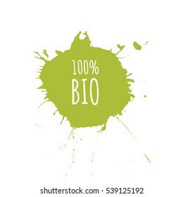 100% BIO vector logo design.
Abstract ink splash. 
Hand drawn vector illustration.