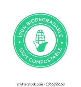 100% Biodegradable and compostable icon.  Bioplastic made of corn. Round and green symbol.