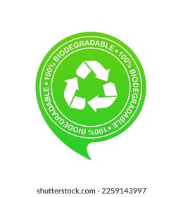 100% biodegradable 100% compostable icon, logo. Green leaves in a circle. Round biodegradable symbol. Natural recyclable packaging sign. Eco friendly product. Vector illustration