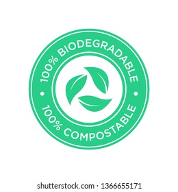 100% Biodegradable and compostable icon. Round and green symbol. svg