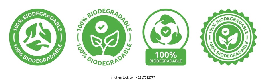 100% biodegradable icon sign. Biodegradable label sticker badge collection. svg