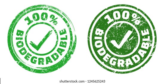 100% biodegradable stamps in green and dark green colors. Grunge texture. Vector illustration.