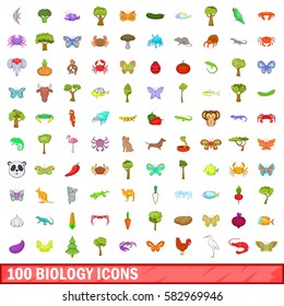 100 biology icons set in cartoon style for any design vector illustration