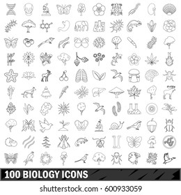 100 biology icons set in outline style for any design vector illustration
