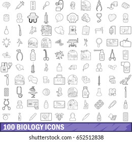 100 biology icons set in outline style for any design vector illustration