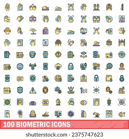100 biometric icons set. Color line set of biometric vector icons thin line color flat on white