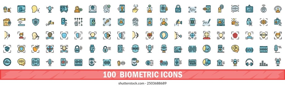 100 biometric icons set. Color line set of biometric vector icons thin line color flat on white