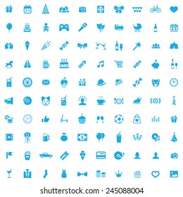 100 birthday icons, blue on white background 