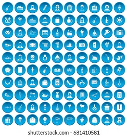 100 birthday icons set in blue circle isolated on white vector illustration