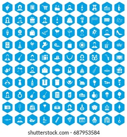 100 birthday icons set in blue hexagon isolated vector illustration