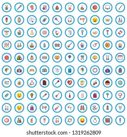 100 birthday icons set. Cartoon illustration of 100 birthday vector icons isolated on white background