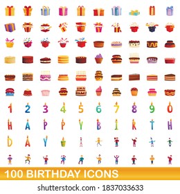 100 birthday icons set. Cartoon illustration of 100 birthday icons vector set isolated on white background