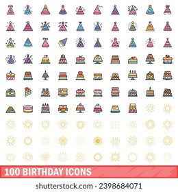 100 birthday icons set. Color line set of birthday vector icons thin line color flat on white