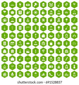 100 birthday icons set in green hexagon isolated vector illustration