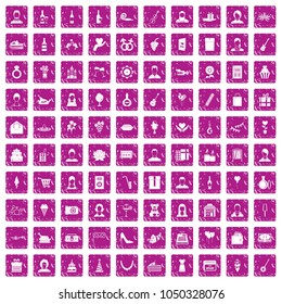 100 birthday icons set in grunge style pink color isolated on white background vector illustration