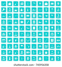 100 birthday icons set in grunge style blue color isolated on white background vector illustration