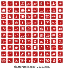 100 birthday icons set in grunge style red color isolated on white background vector illustration