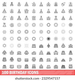 100 birthday icons set. Outline illustration of 100 birthday icons vector set isolated on white background