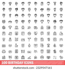 100 birthday icons set. Outline illustration of 100 birthday icons vector set isolated on white background