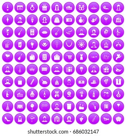 100 birthday icons set in purple circle isolated on white vector illustration