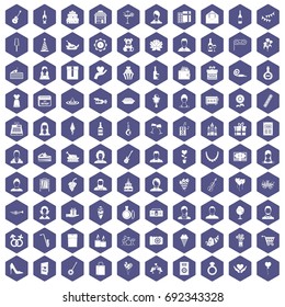 100 birthday icons set in purple hexagon isolated vector illustration