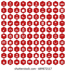 100 birthday icons set in red hexagon isolated vector illustration