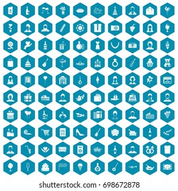 100 birthday icons set in sapphirine hexagon isolated vector illustration