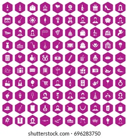 100 birthday icons set in violet hexagon isolated vector illustration