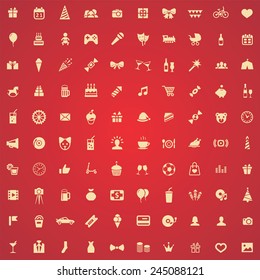 100 birthday icons, yellow on red background 