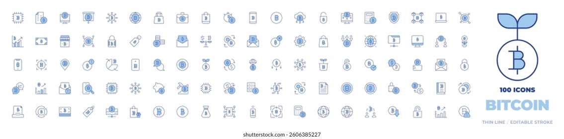 100 Bitcoin Icons Collection. Line Duotone style, editable stroke. graph, security, money, chip, pie chart, balance, shield, cash, growth, cloud, folder, smartphone, bag.