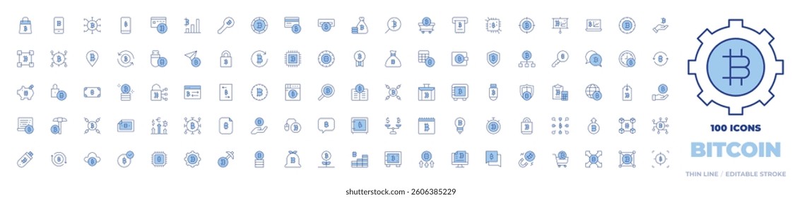 100 Bitcoin Icons Collection. Line Duotone style, editable stroke. credit card, presentation, shopping, load, atm machine, analysis, smartphone, analytics, ticket.