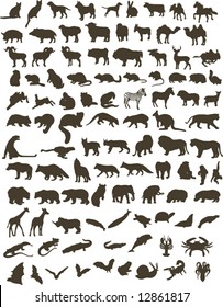 100 black silhouettes of different animals