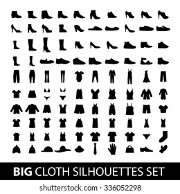 100 black silhouettes vector set of fashion clothes and accessories.